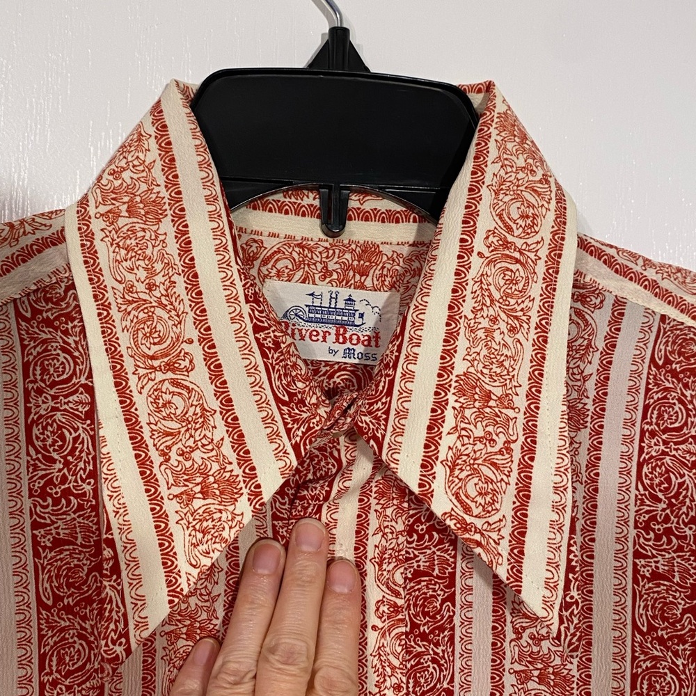 70s River Boat By Moss Patterned Polyester Button Up Shirt Vintage Red Cream M - Picture 3 of 6
